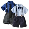 thumbnail image 1 of KYAIGUO Baby Infant Boys Summer Gentleman Cotton Suit Clothes Toddler Short Sleeve Bowtie Romper Suspenders Shorts Outfit Set Kids Dress Shirt with Bowtie + Suspender Shorts Pants for 6M-8T, 1 of 10