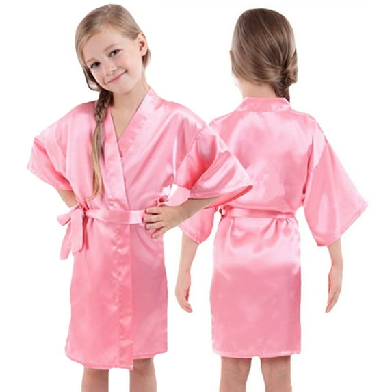 KYAIGUO Baby Kids Girls Silky Satin Robes Pajamas Youth Summer Solid Color Bathrobe Toddler Medium Length Night-Robe Loungewear,Sizes 2-14Y