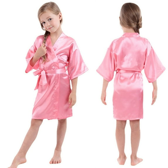 KYAIGUO Toddler Kids Teen Girls Silky Satin Bathrobe Teen Summer Night-Robe Lounge Robes Little Big Girls Solid Color Sleepwear Bathrobe ,Sizes 2-14Y
