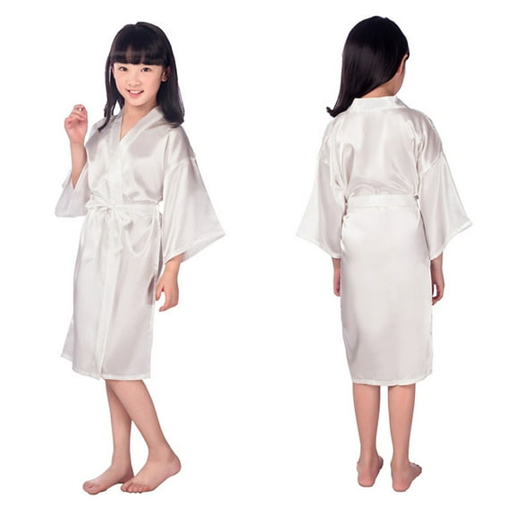KYAIGUO Toddler Kids Teen Girls Silky Satin Bathrobe Teen Summer Night-Robe Lounge Robes Little Big Girls Solid Color Sleepwear Bathrobe ,Sizes 2-14Y