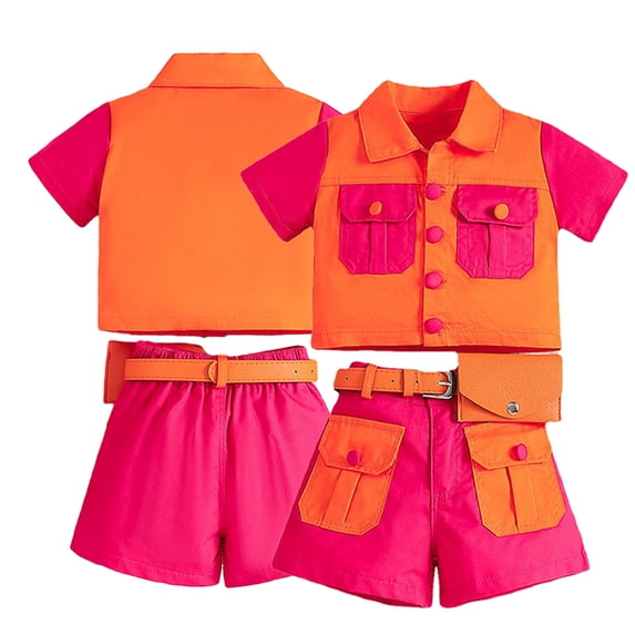 KYAIGUO Baby Kids Girls Summer Short Clothes for Toddler Lapel Buttons Cardigan Tops+ Short Pants Two Piece Colour Blocking Outfit Set 12M-6Y(with Belt Pouch)