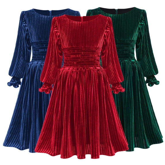 KYAIGUO Baby Kids Girls Velvet Dress Solid Color Striped Princess Dress Pleated Velvet Casual Dresses for Toddler Girls Fall Winter A-Line Midi Party Dresses for 2-13 Years Old
