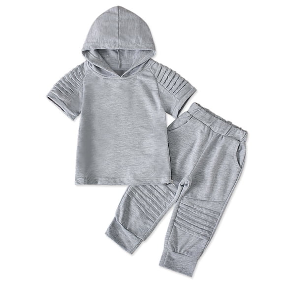 KYAIGUO Baby Kids Hooded Short Sleeve 2 PCS Outfits Summer Fashion Solid Color Set Cozy Lightweight Sweatshirt Suit for Toddler 1-6 Years Old