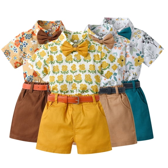 KYAIGUO Baby Newborn Boys Short Sleeve Gentleman Suit Summer Floral Shirt Tops Shorts with Tie Belt Outfit Toddler Bow Tie Dress Shirt Shorts Pants Outfit Set for 9M-6T
