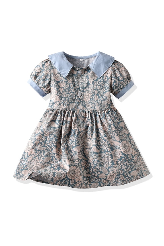Baby Newborn Girls Lape Floral Dress Toddler Summer Princess Dress Vintage Peter Pan Collar Dresses