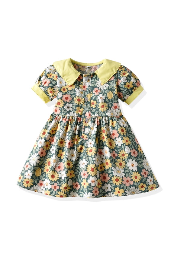 Baby Newborn Girls Lape Floral Dress Toddler Summer Princess Dress Vintage Peter Pan Collar Dresses