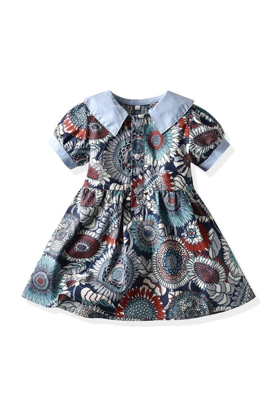 Baby Newborn Girls Lape Floral Dress Toddler Summer Princess Dress Vintage Peter Pan Collar Dresses