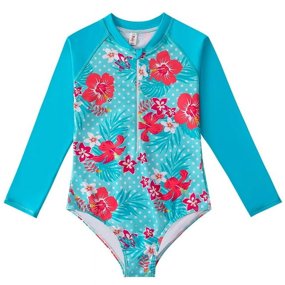 KYAIGUO Baby/Toddler Girls Swimwear Long Sleeve Zipper Swimsuit for 4-12 Years Old Summer Beach One Piece Swimwear