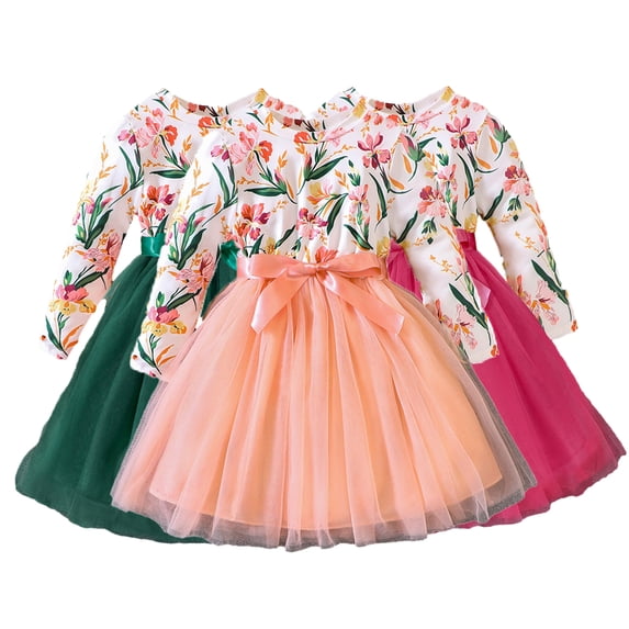 KYAIGUO Baby Toddler Long Sleeve Tulle Dress for Girls 1-7Y Spring Vintage Floral Birthday Wedding Skirt Kids Floral Party Tutu Dresses Splicing Princess Dress with Bow