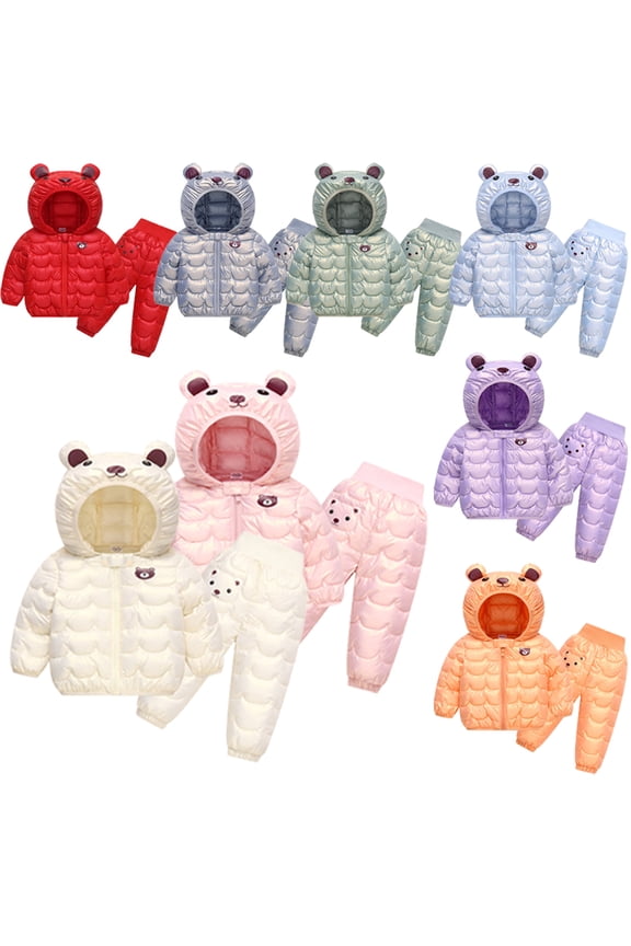 Baby Toddler Winter Puffer Jackets and Snow Pants for Girls Boys Hooded Snowsuit Outfits Set down Jackets + Trousers Snowsuit Puffer down Coats Outerwears with Bear Ears
