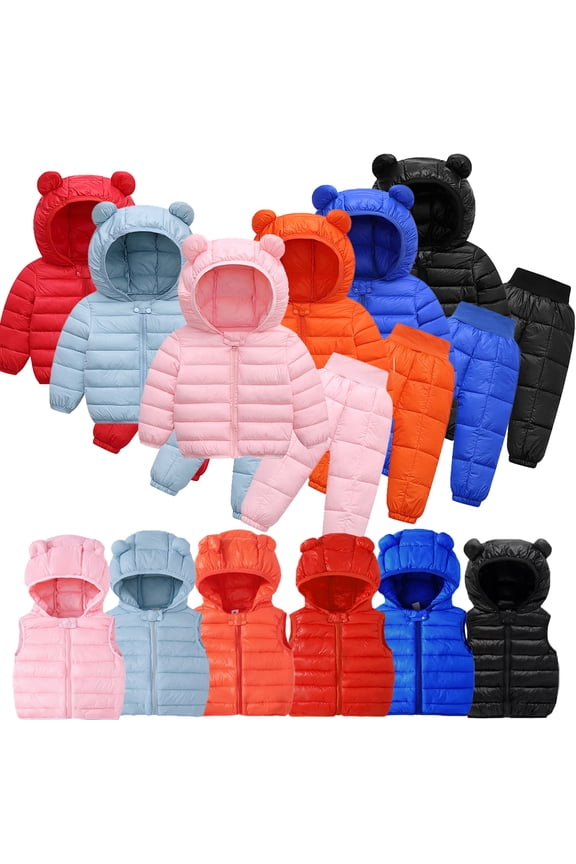 Baby Girls Boys Hooded Down Jackets Coats Set 3PCS Toddler Puffer Down Snowsuit+vest+ Pants Set Lightweight Warm Clothing Set,Size 1-5T