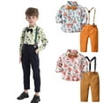 thumbnail image 1 of KYAIGUO Boys Clothes 3PCS Outfit for Baby Kids Cartoon Dinosaur Printing Shirt Suspender Pants with Bowtie Set Spring Summer Long Sleeve Gentleman Suits 6 Months-10 Years, 1 of 9