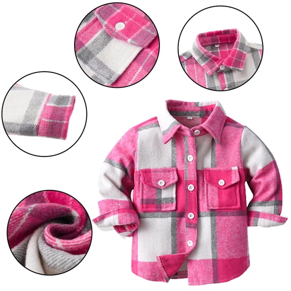 KYAIGUO Boys Girls Plaid Shirt,Unisex Thickened Cotton Coat with Pockets Button down Regular Fit Long Sleeve Plaid for Toddler 6M-9Y