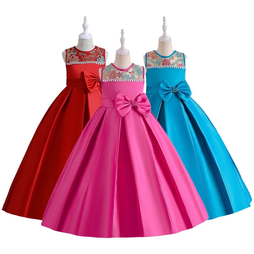 Girls Satin Layered Party Dress with Bow Design