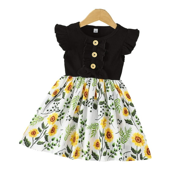KYAIGUO Girl's Casual Dresses Ruffle Short Sleeve Dress for Toddler Kids Fashion 3D Floral Printed Dresses for Infant 12 Months to 8 Years