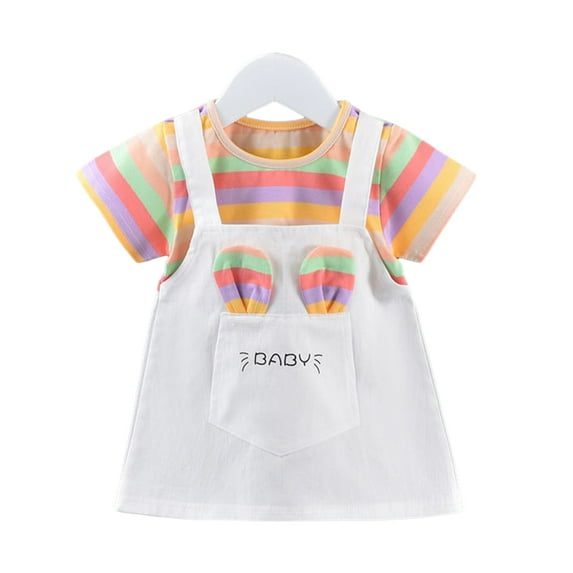 KYAIGUO Baby Kids Girls Short Dress with Colorful Striped Fake Two Pieces Strappy Dress for Toddler Girls 1-5 Years Old