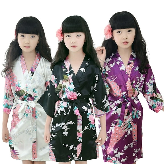 KYAIGUO Girls Bathrobe Robes Pajamas for Kids Baby，Little Big Boys Silk Satin Night-Robe Fashion Cute Youth Floral Printing Robes Sleepwear Clothes,Size 1-13T
