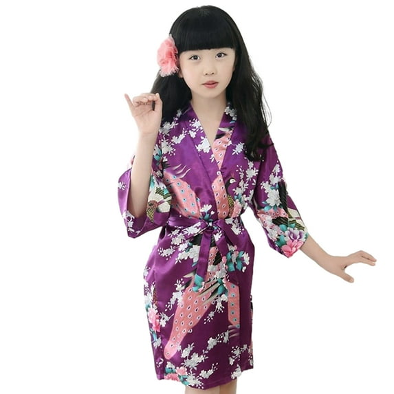 KYAIGUO Girls Bathrobe Robes Pajamas for Kids Baby,Little Big Boys Silk Satin Night-Robe Fashion Cute Youth Floral Printing Robes Sleepwear Clothes,Size 1-13T