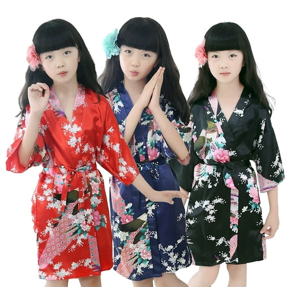 KYAIGUO Girls Bathrobe Robes Pajamas for Kids Baby，Little Big Boys Silk Satin Night-Robe Fashion Cute Youth Floral Printing Robes Sleepwear Clothes,Size 1-13T