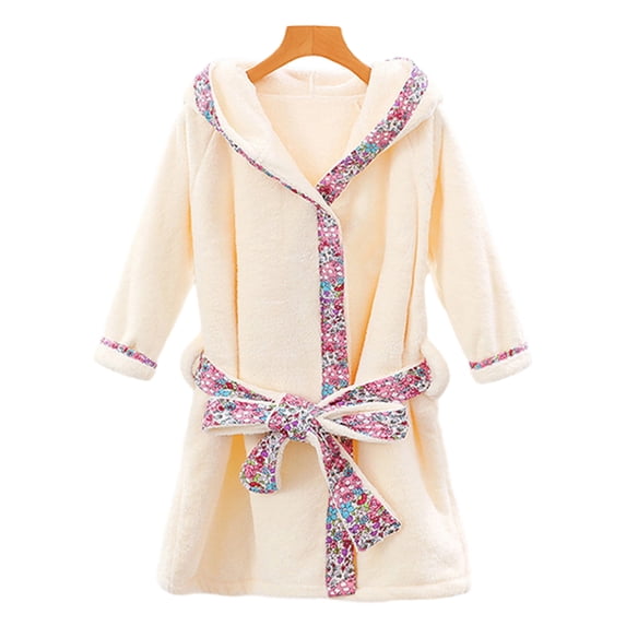 KYAIGUO Girls Boys Fall Winter Robe, Soft Plush Fleece Hooded Pajamas Loungewear with Belt for Toddler Kids Cozy Thickened Bathrobe 5-12 Years Unisex Absorbent Bath Towel