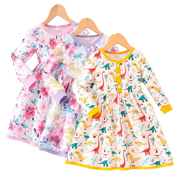 KYAIGUO Girls Flower Print Dress Long Sleeve Crewneck Princess Dresses 3-7 Years Fall Winter Twirly Swing Casual Dresses for Toddler Kids