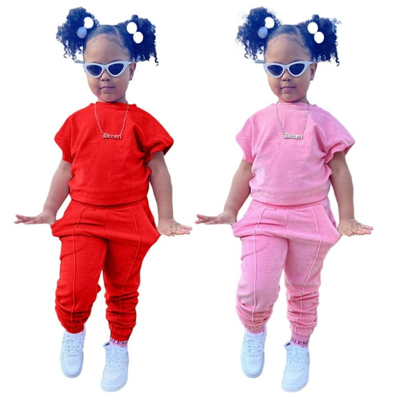 KYAIGUO Girls Short Sleeved Sweatshirt Set for Kids Toddler,1-9years Old Baby Summer Pullover Sweatsuit + Elastic Trousers Kid Short Sleeved Casual Sweat Suits Outfits