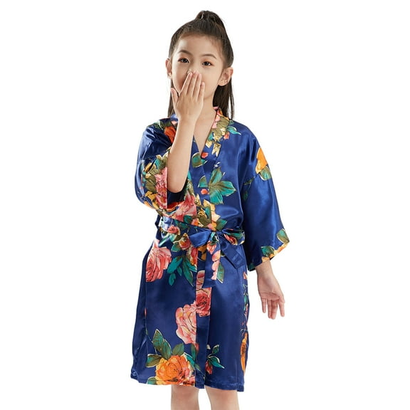 KYAIGUO Girls Silky Robes Pajamas for Kids Baby，Little Big Boys Silk Satin Night-Robe Print Summer Pj Youth Floral Printing Bathrobe Sleepwear Clothes ,Size 2-14T