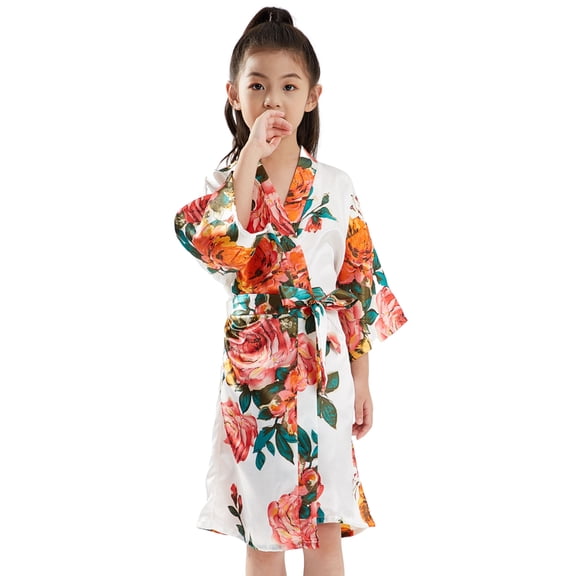 KYAIGUO Girls Silky Robes Pajamas for Kids Baby，Little Big Boys Silk Satin Night-Robe Print Summer Pj Youth Floral Printing Bathrobe Sleepwear Clothes ,Size 2-14T