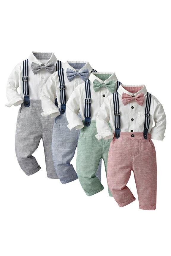 Infant Boys 3 PCS Dressy Outfit for Baby Toddler Gentleman Cotton Suspender Pants + Bow Tie Wedding Suit for Baby 6 Months-12 Years