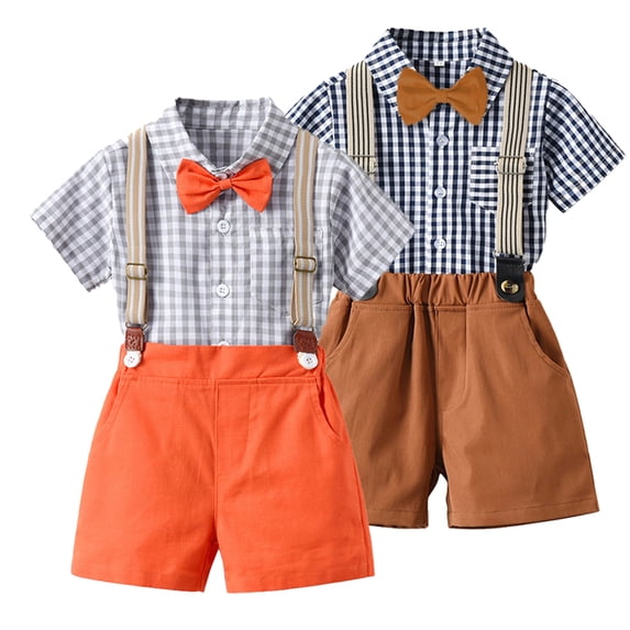 KYAIGUO Kids Baby Boys 3PCS Spring Summer Gentleman Outfit Plaid Short Sleeve Shirt Suspenders Shorts Set with Bowtie for 6 Months - 8 Years