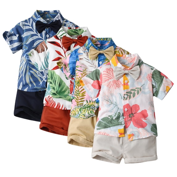 KYAIGUO Kids Baby Boys Hawaiian Matching 2 Piece Outfits for 6 Months - 6 Years Toddler Short Sleeves Flower Shirts and Shorts Summer Beach Holiday Set