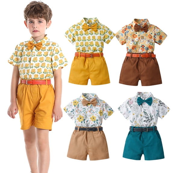 KYAIGUO Kids Baby Boys Short Sleeve Gentleman Outfits Set 9M- 6Y Boys Summer Print Shirt Tops with Bowtie + Shorts 4PCS Set Send Belt