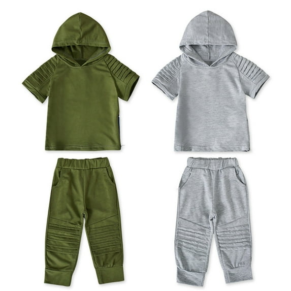 KYAIGUO Kids Baby Boys Summer Hoodie Sweatshirt Pants 2PCS Set Toddler Short Sleeve Sweatsuit + Long Sweatpants Kid Two Piece Outfits Clothes ,Sizes 1-6t