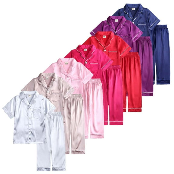 KYAIGUO Kids Baby Girls Boys Satin Pajamas Set Toddler Infant Short Sleeve Button down Sleep Shirt Tops+long Pants Bottoms Sleepwear Silky Loungewear for 9M-13T