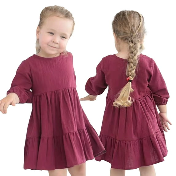 KYAIGUO Toddler Baby Girls Cotton Casual Dress for 2-6 Years,Long Sleeve Solid Color Dress,Spring Fall Skater Twirly Dress
