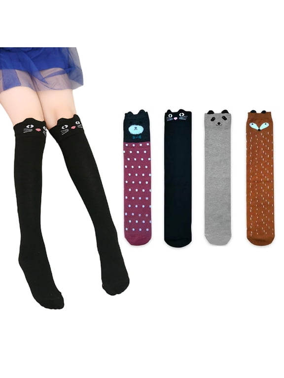 Kids Baby Girls Knee High Socks 4 Pairs Non-slip Uniform Tube Stockings Cat Ears Cartoon Compression Socks Thigh High Socks for 2-12 Years