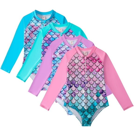 KYAIGUO Kids Baby Girls Long Sleeve one-piece Swimsuits Bathing Suit Big Girls Toddler Bathing Suits Summer Beach Swimwear Bikini Swimsuit Zip Swimwear,Sizes 4-12T