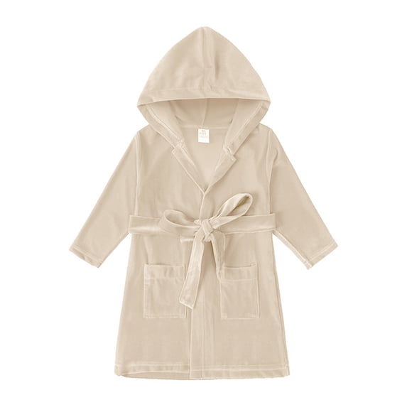 KYAIGUO Kids Baby Girls Velvet Bathrobes with Hoodie Newborn Toddler Fuzzy Solid Color Robes Soft Mid Length Night-Robe with Pockets and Belt for 9M-17Y
