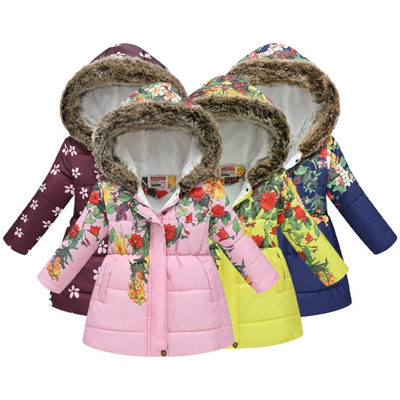 KYAIGUO Kids Baby Girls Winter Cotton Jacket Thick Warm Solid Color Printed Thermal Casual Outerwear Jacket Little Big Girls Medium Length Hooded Snow Coat for 3-12Y