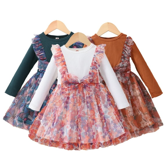 KYAIGUO Kids Baby Spring Fall Dresses for Girls,Newborn Long Sleeve Floral Dresses Toddler Printing Casual Pullover Princess Dresses Mesh Dress Skirt for 18M-6Y