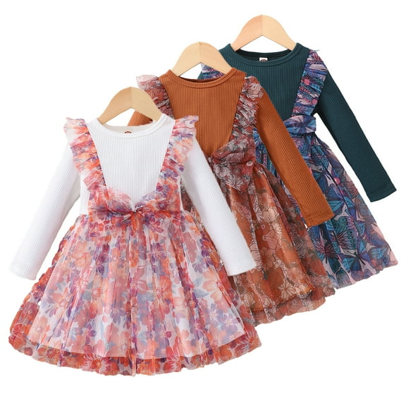 KYAIGUO Kids Baby Spring Fall Dresses for Girls，Newborn Long Sleeve Floral Dresses Toddler Printing Casual Pullover Princess Dresses Mesh Dress Skirt for 18M-6Y