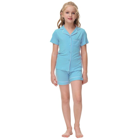 KYAIGUO Kids Boys Girls Pajama Sets Summer Short Sleeve with Shorts Sleepwear Silky Button down Loungewear 6-10T