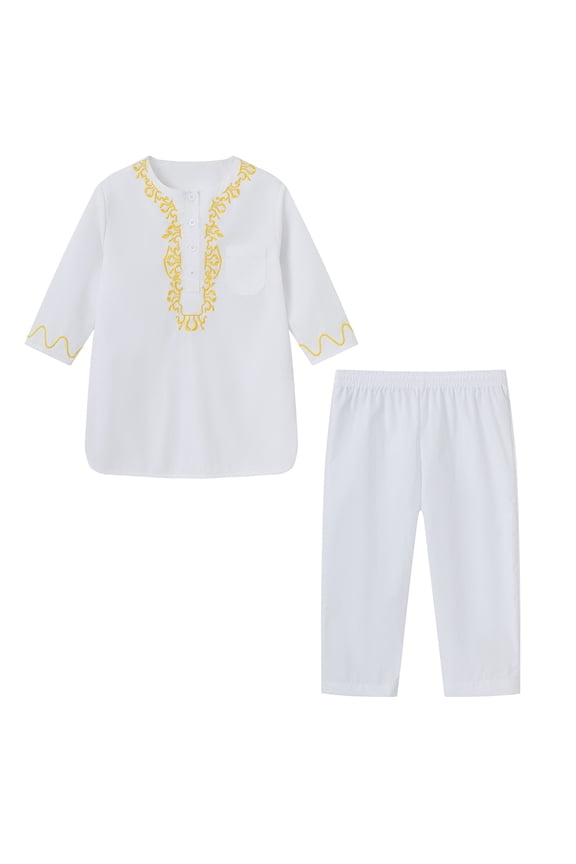 Kids Boys Thobe for Muslim Arab Tobes Toddler Long Sleeve Kaftan Embroidered Robe with Pockets Islamic Arabic Abaya Clothes 3-13Y