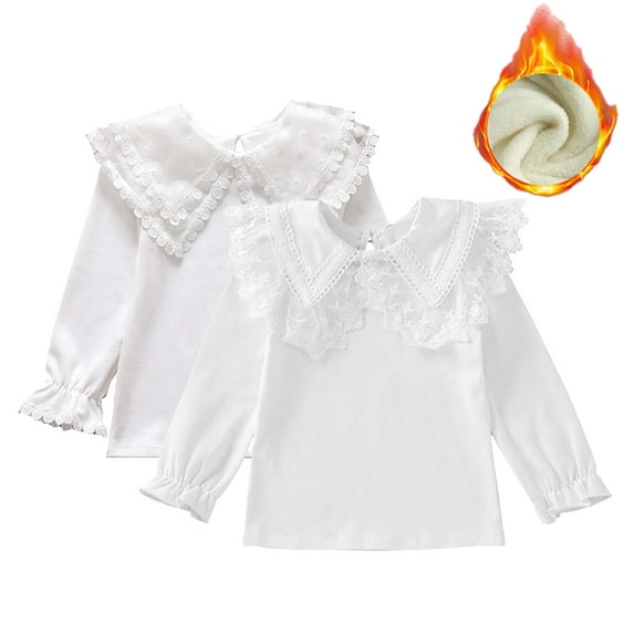 KYAIGUO Kids Girls' Basic Doll Collar Shirt White Tees Plain Fleece Shirt Blouse Winter Long Sleeve Lapel Princess Tee Shirt