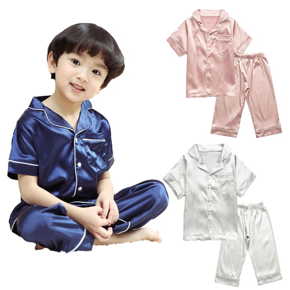 KYAIGUO Kids Girls Boys Pajama Set Satin Silky Baby Cute Summer Short-Sleeved Long Pants Sleepwear Jammies Outfit for 1-10 Years