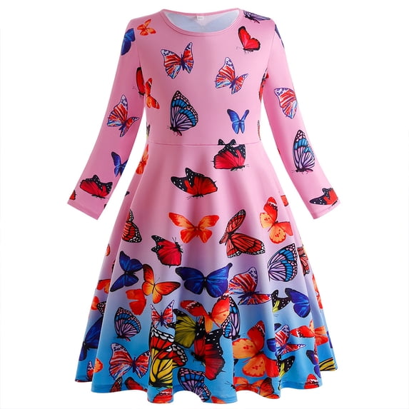 KYAIGUO Kids Girls Dress Soft Dress Princess Party Dress 3-10 Years Old Spring Print Dress for Toddler Loose Mid-Length Dress