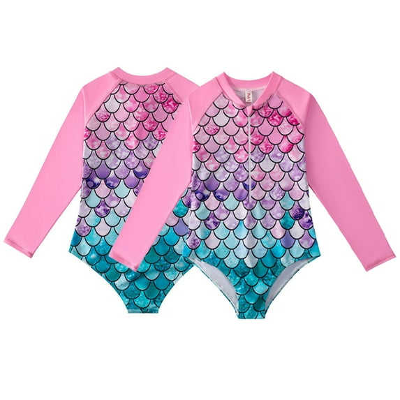 KYAIGUO Kids Girls One Piece Swimsuits Toddler Long Sleeve Rash Guard Zipper Front Bathing Suit Upf 50+ Kids Girls Rash Guard Long Sleeve One Piece Bathing for Surfing 4-12 Years