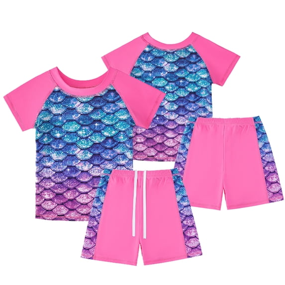 KYAIGUO Kids Girls Short Sleeve Swimsuits Outfit Toddler Summer Breathable Bathing Suits 2PCS Set Beach Rash Guard Split Swimwear for Girls 5-12 Years