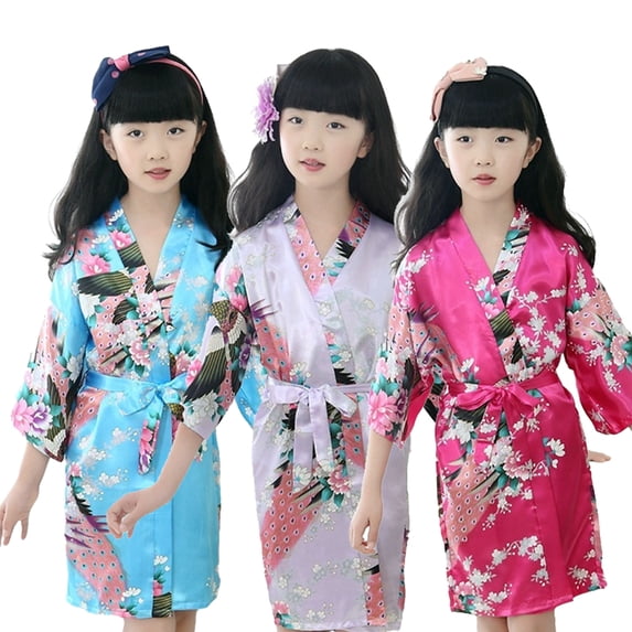 KYAIGUO Kids Girls Silky Robes Baby Floral Kimono Sleeping Gown Bath Robes for Spa Birthday Parties 1-13Y Toddler Satin Floral Kimono Bathrobe Kimono Sleepwear Bathrobe