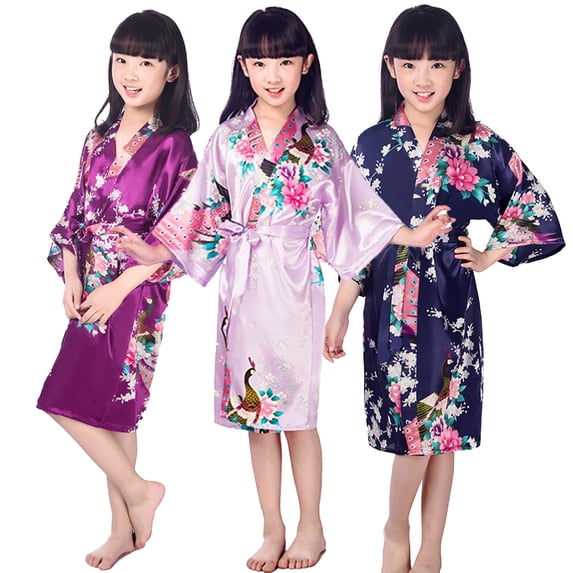 KYAIGUO Kids Girls Silky Satin Kimono Robe for Wedding Spa Party 2-14Y Flower Girl Summer Bathrobes Sleepwear with Bow-Tie Belt Cardigan Longsleeve Floral Loungwear